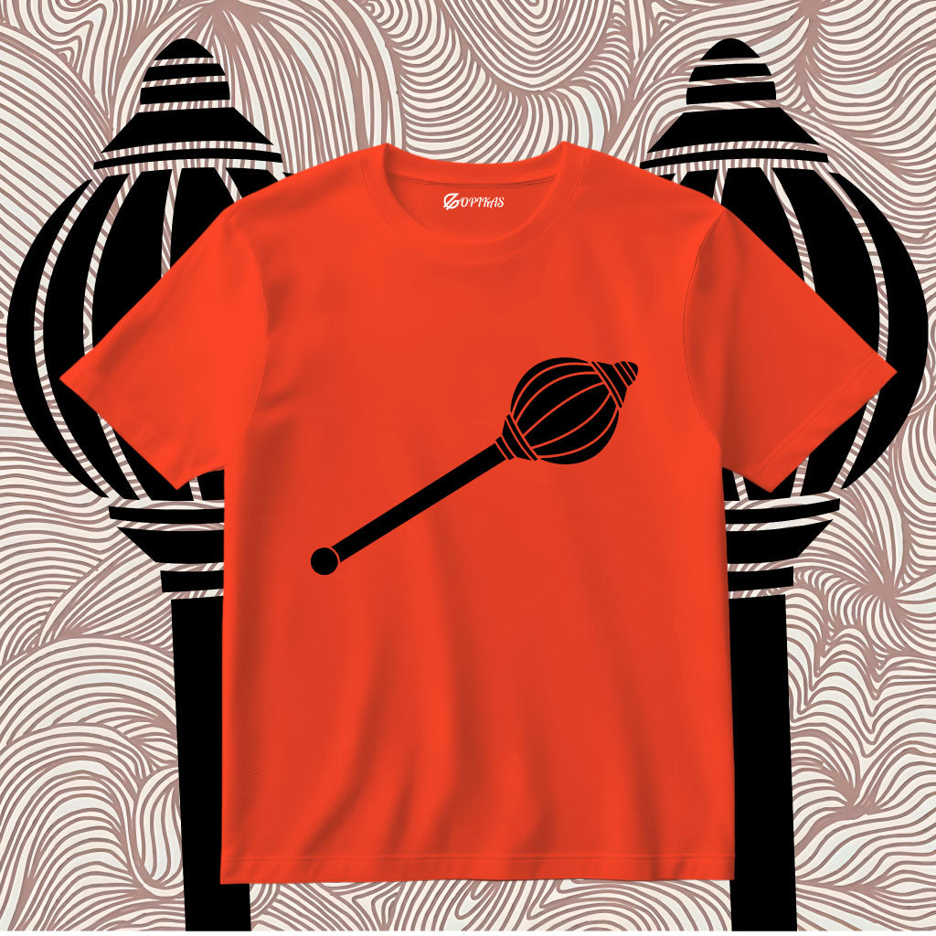 Red t-shirt with a black graphic design on a patterned background