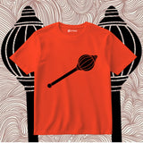 Red t-shirt with a black graphic design on a patterned background