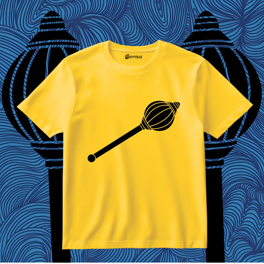 Yellow t-shirt with a black graphic design on a blue patterned background