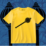 Yellow t-shirt with a black graphic design on a blue patterned background