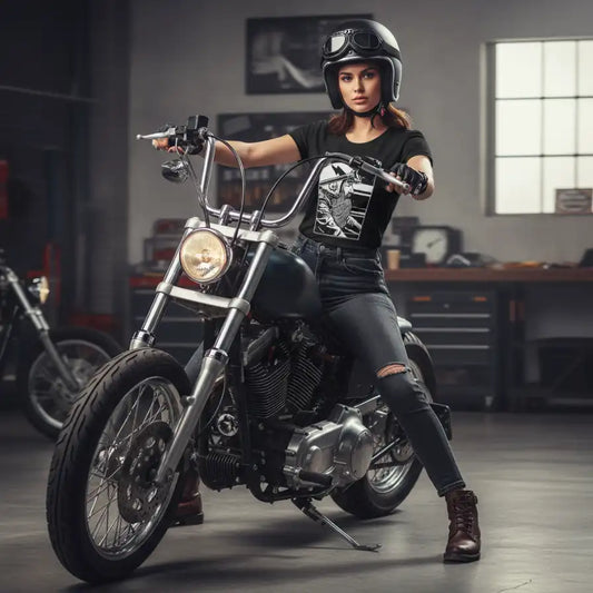 Woman sitting on a motorcycle in a garage setting