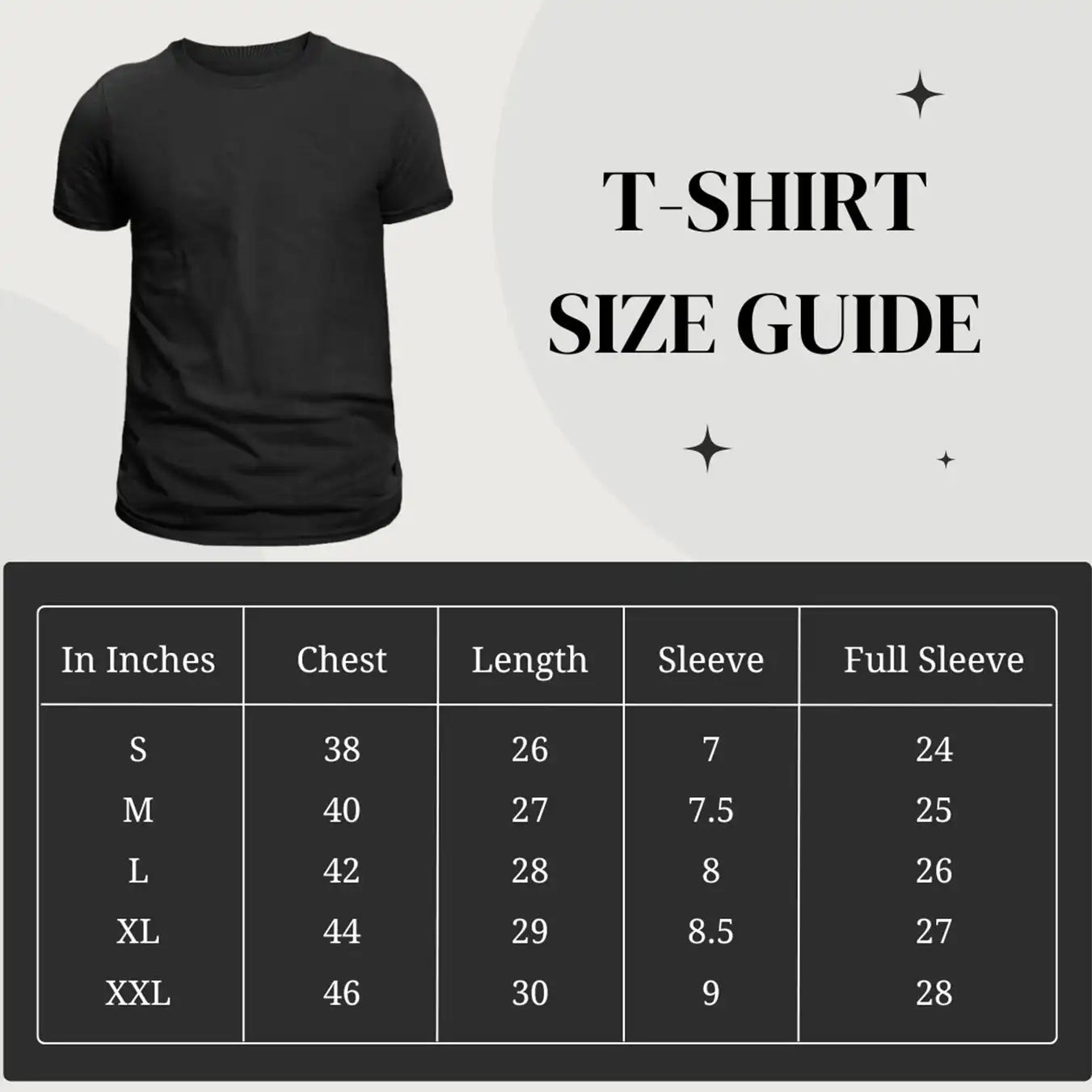 Black t-shirt with size guide on a white background