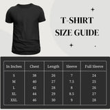 Black t-shirt with size guide on a white background