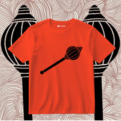Red t-shirt with a black graphic design on a patterned background