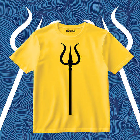 Yellow t-shirt with a black trident symbol on a blue background with white abstract designs.
